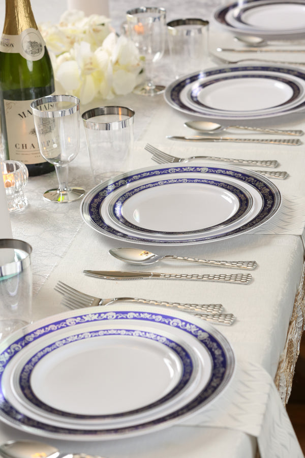 100 Piece Blue and Silver Round Plastic Dinnerware and Silverware Value Set (20 Guests) - Royal