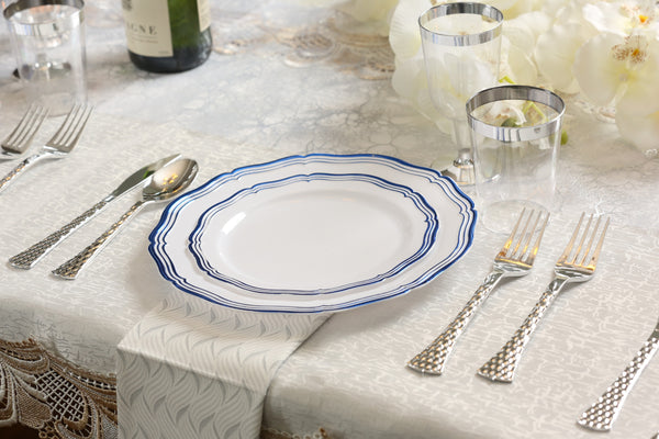 100 Piece White and Blue Round Plastic Dinnerware and Silverware value set (20 Servings) - Aristocrat