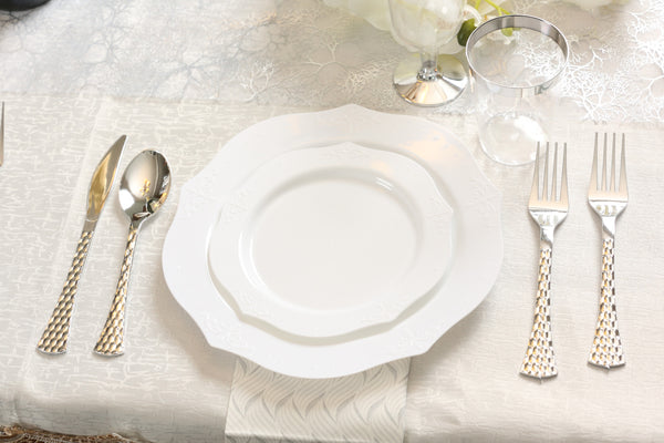100 Piece White Round Plastic Dinnerware and Silverware value set (20 Servings) - Antique