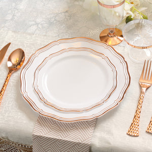 Rose Gold and White Round Plastic Dinnerware and Silverware value set