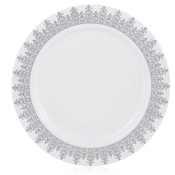 10.25 inch White and silver Round Plastic Dinner Plate - Ornament - Posh Setting