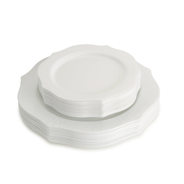 40 Piece Combo Pack White Round Plastic Dinnerware value set (20 Servings) - Antique - Posh Setting