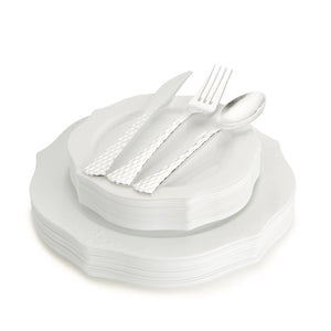 100 Piece White Round Plastic Dinnerware and Silverware value set (20 Servings) - Antique - Posh Setting