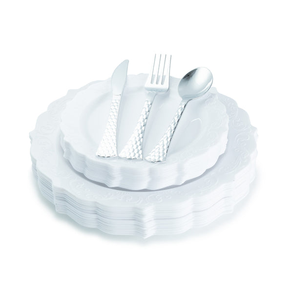 100 Piece White Round Plastic Dinnerware and Silverware value set (20 Servings) - Elegant - Posh Setting