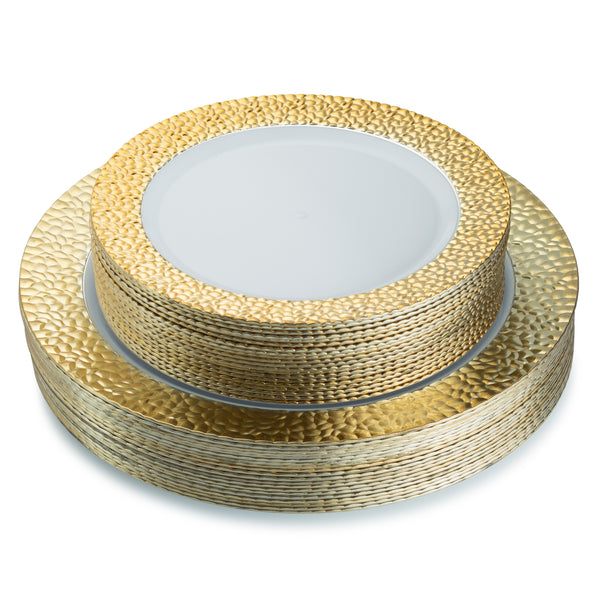 100 Piece White and Gold Round Plastic Dinnerware Value Set (20 Guests) - Hammered