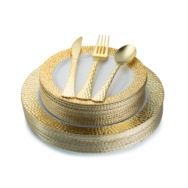 100 Piece White and Gold Round Plastic Dinner Value Set - Hammered  (20 Guests) - Posh Setting