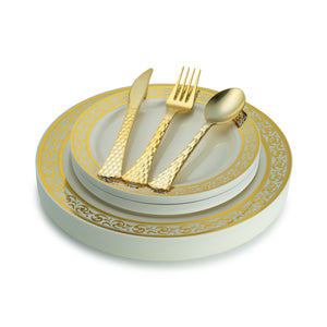 100 Piece Cream and Gold Round Plastic Dinnerware and Silverware value set (20 Servings) - Premium - Posh Setting