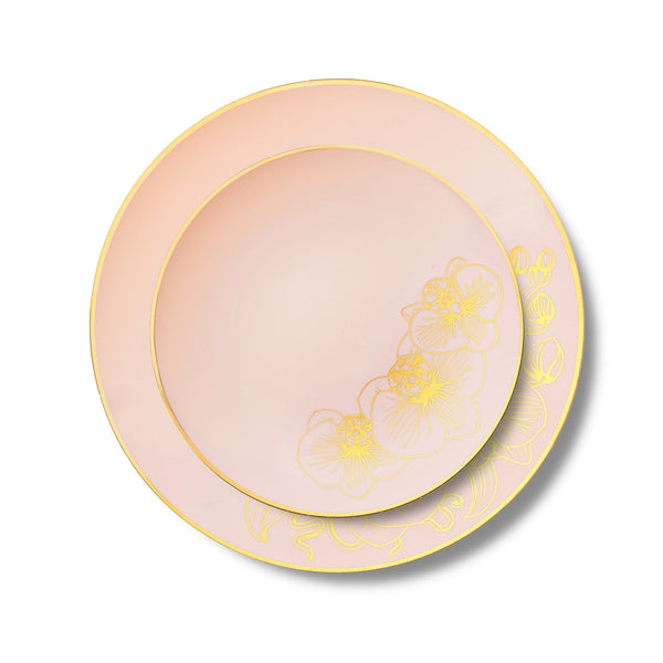 32 Piece Combo Antique Pink and Gold Round Plastic Dinnerware Set (16 Servings) - Orchid