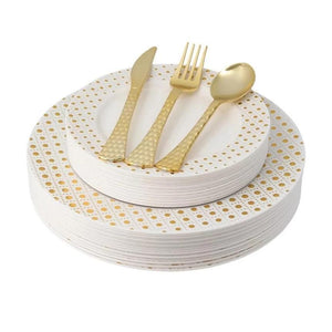 100 Piece Gold and White Round Plastic Dinnerware and Silverware value set (20 Servings) - Sphere - Posh Setting