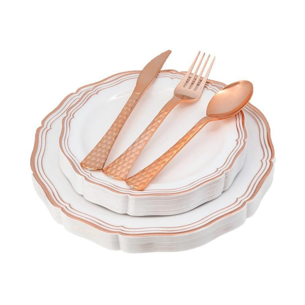 100 Piece Rose Gold and White Round Plastic Dinnerware and Silverware value set (20 Servings)
