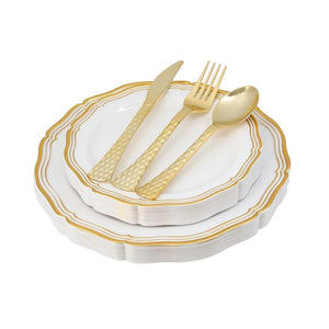 100 Piece White and Gold Round Plastic Dinnerware and Silverware value set (20 Servings) - Aristocrat - Posh Setting