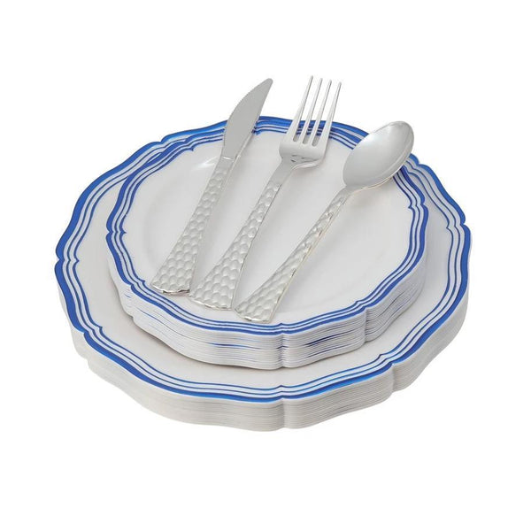 100 Piece Blue Round Plastic dinnerware and Silverware value set (20 Servings) - Aristocrat - Posh Setting