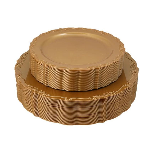 60 Piece Combo Pack Gold Round Plastic Dinnerware value set - Casual - Posh Setting