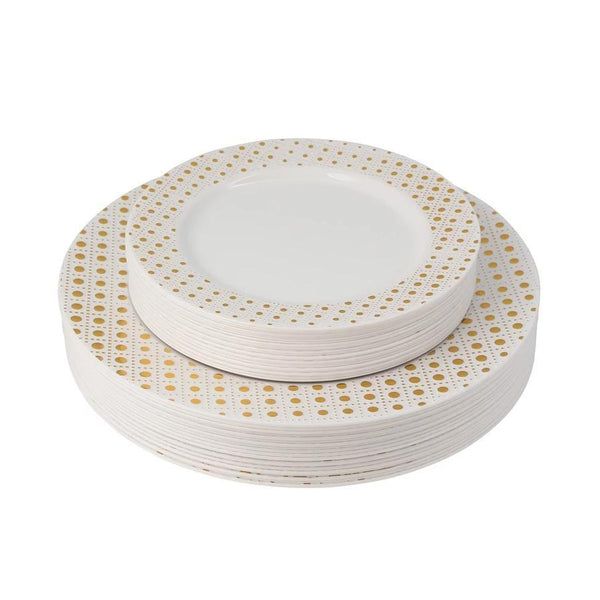 40 Piece Combo Pack White and Gold Round Plastic Dinnerware value set (20 Sevings) - Sphere - Posh Setting