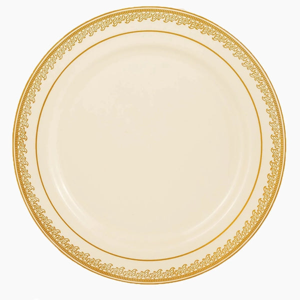 10.25 inch Cream and Gold Round Plastic Dinner Plate - Prestige - Posh Setting