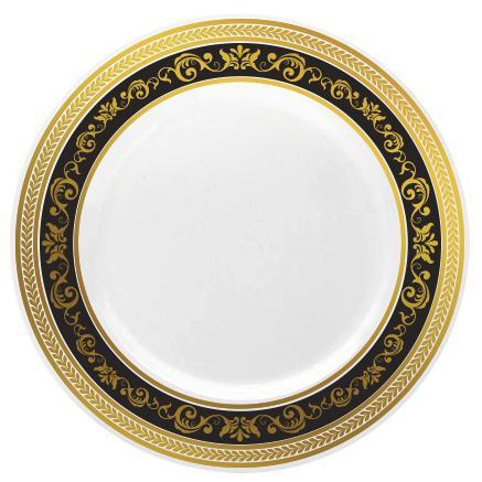 10.25 Inch Black and Gold Round Plastic Dinner Plate - Royal - Posh Setting