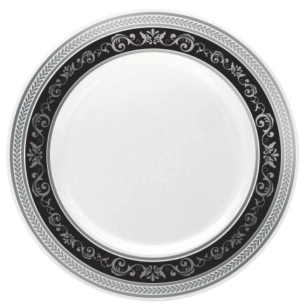10.25 inch Black and Silver Round Plastic Dinner Plate - Royal - Posh Setting
