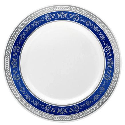 10.25 inch Blue and Silver Round Plastic Dinner Plate - Royal - Posh Setting