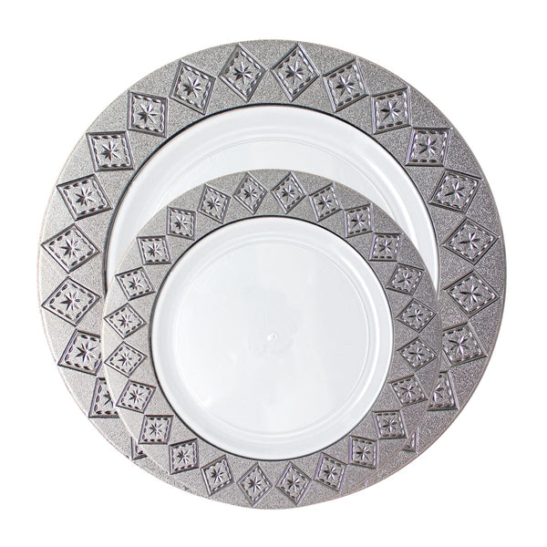 40 Piece White and Silver Round Plastic Dinnerware Value Set (20 Servings) - Imperial