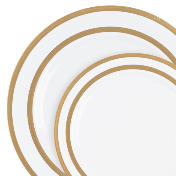 32 Pack White and Gold Rim Plastic Dinnerware Set (16 Guests) - Symmetry