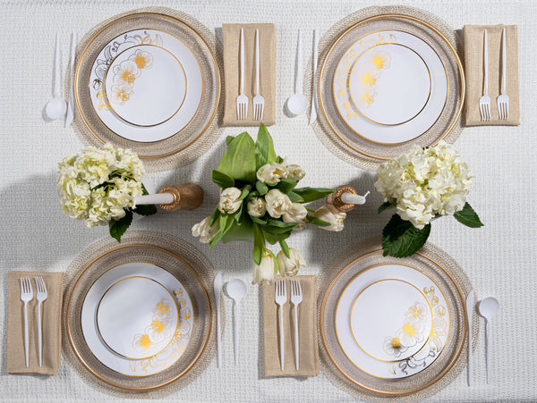 White and Gold Round Plastic Plates - Orchid