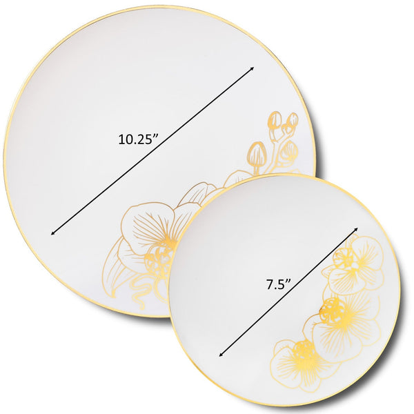 32 Piece Combo White and Gold Round Plastic Dinnerware Set (16 Servings) - Orchid