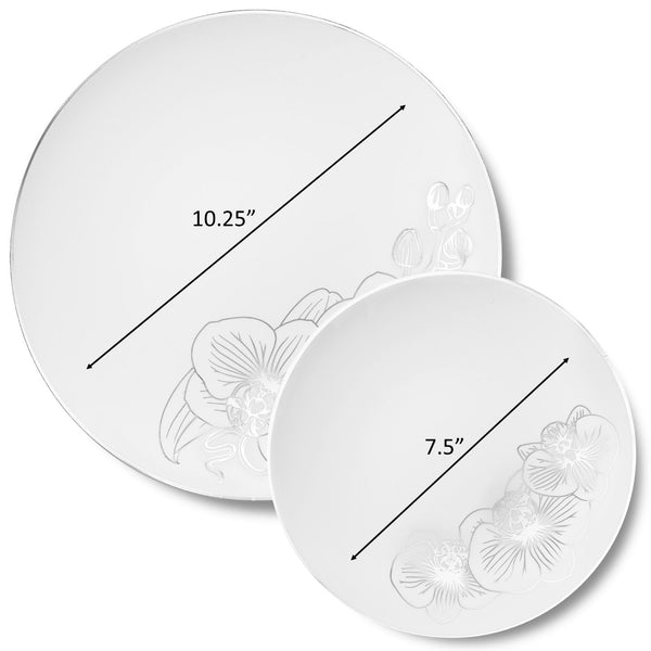 32 Piece Combo White and Silver Round Plastic Dinnerware Set (16 Servings) - Orchid