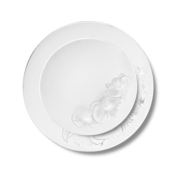 32 Piece Combo White and Silver Round Plastic Dinnerware Set (16 Servings) - Orchid