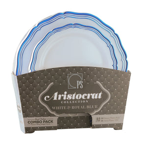 32 Piece Combo Pack Blue and Silver Round Plastic Dinnerware value set (16 Servings) - Aristocrat - Posh Setting