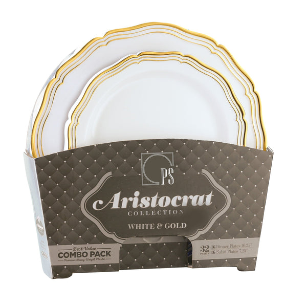 32 Piece Combo Pack White and Gold Round Plastic Dinnerware value set (16 Servings) - Aristocrat - Posh Setting