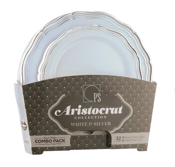 32 Piece Combo Pack Silver and White Round Plastic Dinnerware Value Set (16 Servings) - Aristocrat