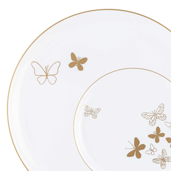 20 Pack White and Gold Round Plastic Dinnerware Set (10 Guests) - Butterfly