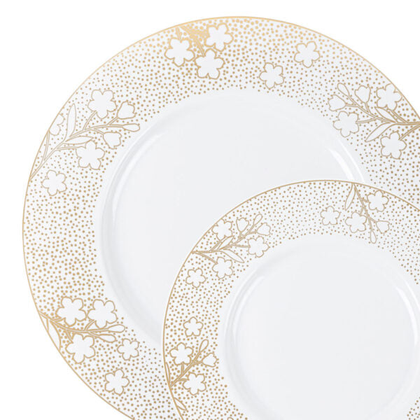 20 Pack White and Gold Wide Rim Plastic Dinnerware Set (10 Guests) - Cherry Blossom