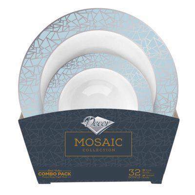 32 Piece Combo Pack Blue and Silver Round Plastic Bowls value set (16 Servings) - Mosaic - Posh Setting