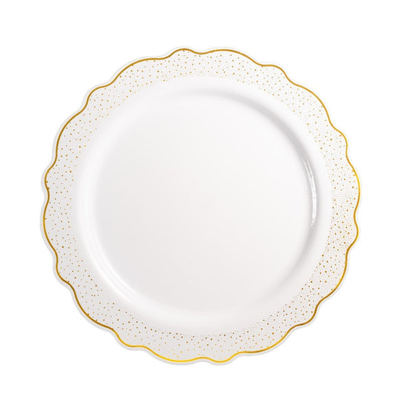 10.25 Inch White and Gold Round Plastic Dinner Plate - Confetti - Posh Setting