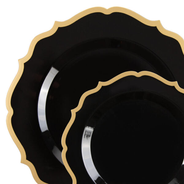 32 count Combo Pack Black and Gold Round Plastic Dinnerware set (16 Guests) - Contemporary