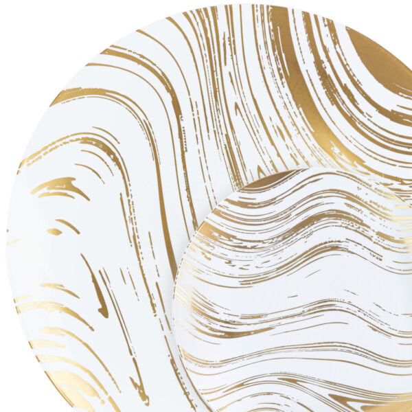 White and Gold Round Plastic Plates - Curve