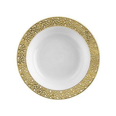 White and Gold Round Plastic Plates - Lace