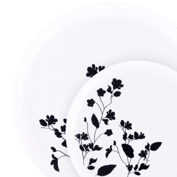 20 Pack White and Black Round Plastic Dinnerware Set (10 Guests) - Garden