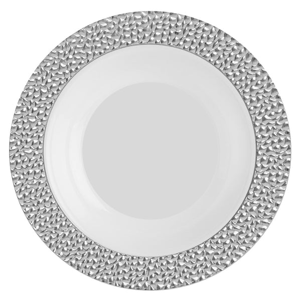 White and Silver Round Plastic Plates - Hammered