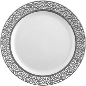 10.25 inch White and silver Round Plastic Dinner Plate - Lace - Posh Setting