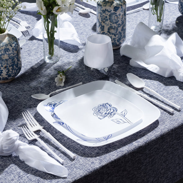 32 Piece Combo White and Blue Square Plastic Dinnerware Set (16 Servings) - Peony