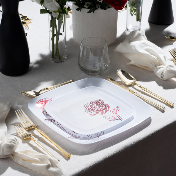 32 Piece Combo White and Burgundy Square Plastic Dinnerware Set (16 Servings) - Peony