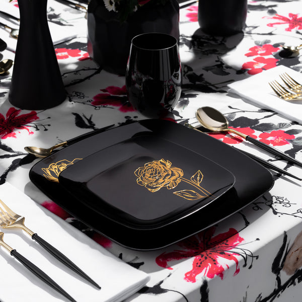 32 Piece Combo Black and Gold Square Plastic Dinnerware Set (16 Servings) - Peony
