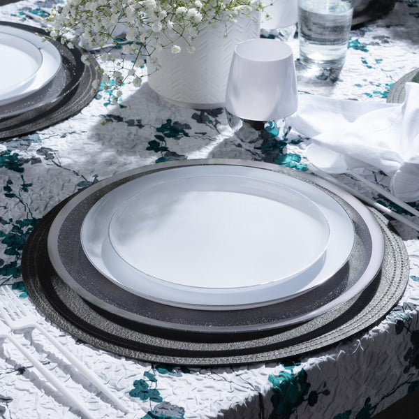20 Pack White and Silver Round Plastic Dinnerware Set (10 Guests) - Edge