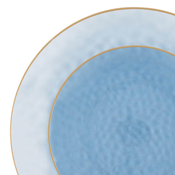 32 Piece Combo Blue/Gold Hammered Round Plastic Dinnerware Set (16 Servings) - Organic Hammered