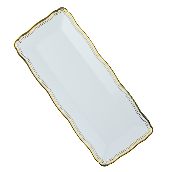 13.75 X 6 Inch Rectangle White And Gold Rim Plastic Serving Tray - Posh Setting