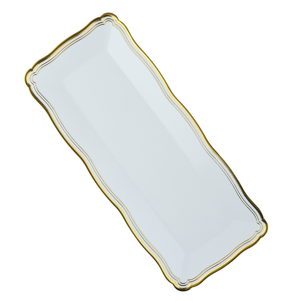 9 X 13 Inch Rectangle White And Gold Rim Plastic Serving Tray