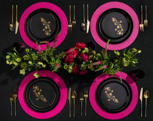 20 Pack Black and Gold Round Plastic Dinnerware Set (10 Guests) - Garden Edge