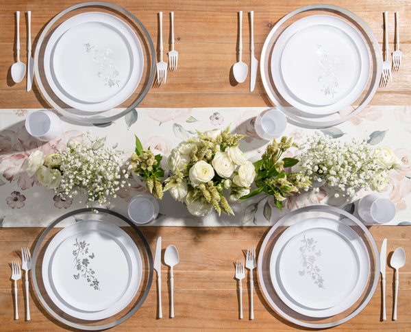20 Pack White and Silver Round Plastic Dinnerware Set (10 Guests) - Garden Edge